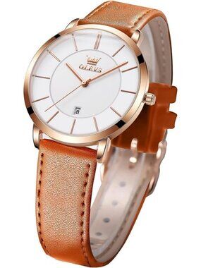 Women's White dial & Rose Gold Bezel & Brown Band Classic Dress Wrist Watch